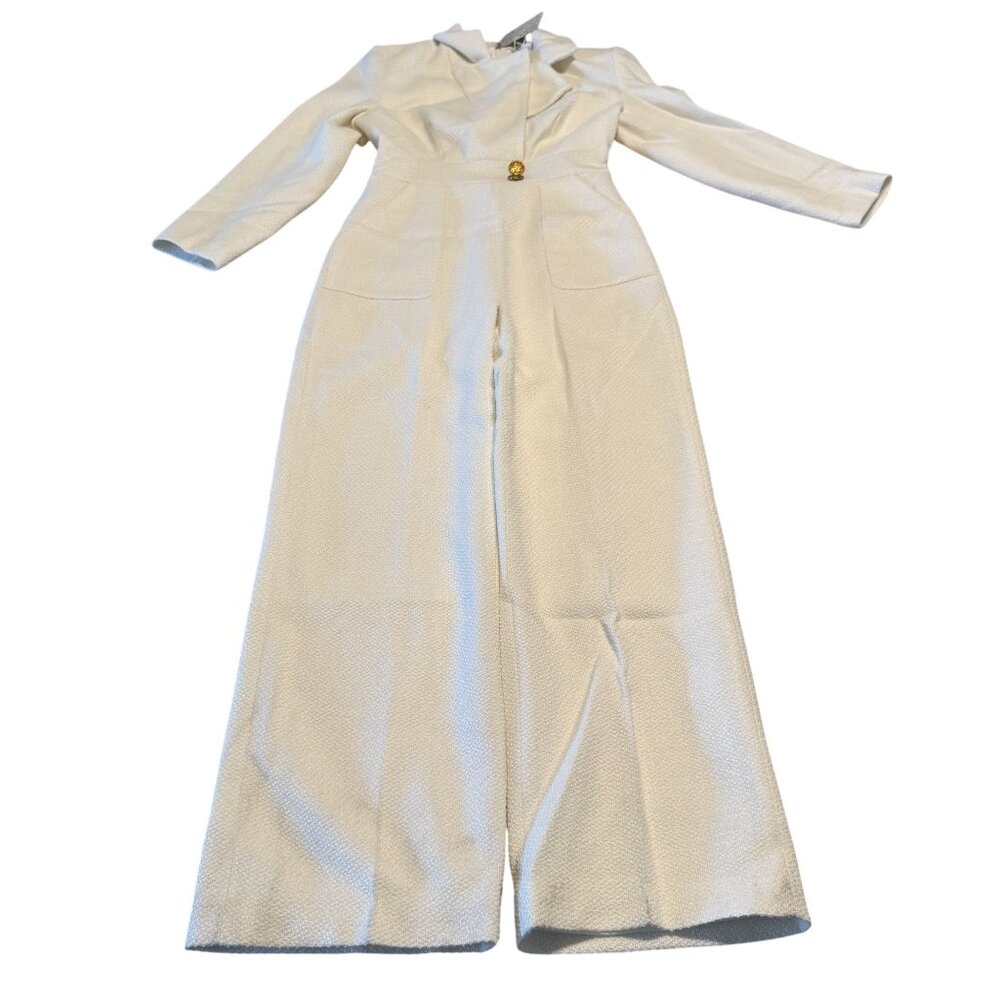 NWT Fehaute White Tweed Buckle Pocket Lapel Collar Jumpsuit Women's Size 2